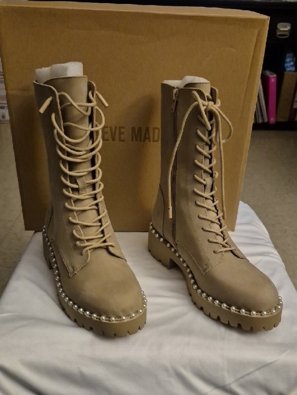 Steve Madden Neutral Tan Lace-Up Combat Boots with Rhinestone Trim - Picture 2 of 8